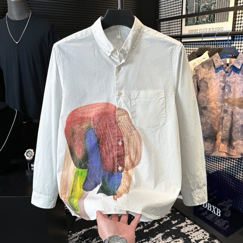 DBXB潮流印花长袖衬衫男秋季时尚设计感百搭休闲帅气宽松衬衣男装