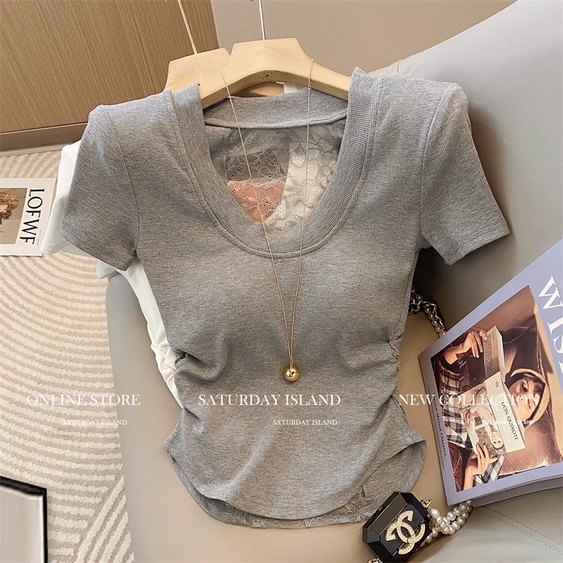 法式设计感蕾丝拼接U领短袖T恤女2025秋新款纯欲风褶皱收腰小上衣