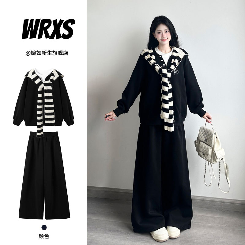 黑色带披肩长袖秋冬卫衣女套装慵懒宽松休闲运动三件套