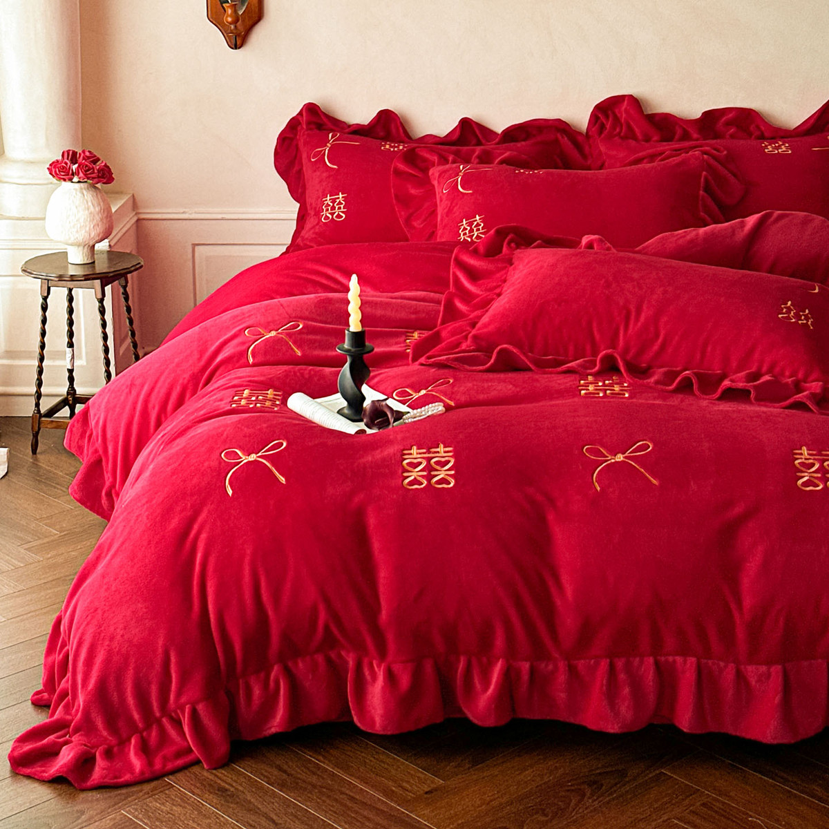 水星适用家纺高档婚庆四件套牛奶绒2025新款红色喜被秋冬季珊瑚绒