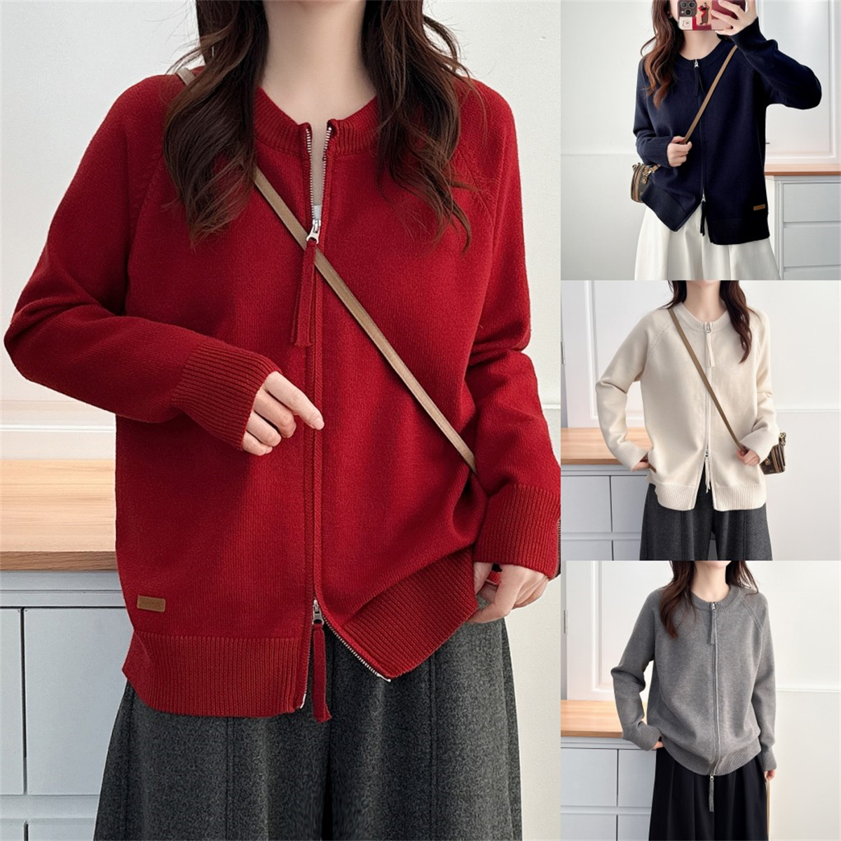 大码胖mm秋冬韩版宽松长袖针织衫双拉链开衫外套百搭毛衣上衣5047