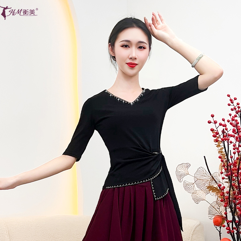 现代舞练功服时尚烫钻桃心领中袖成人女上衣绑带式古典舞蹈服新款
