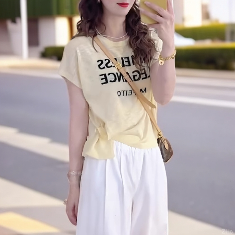 韩系洋气百搭感冰丝T恤针织衫2025夏季不规则收腰休闲显瘦上衣