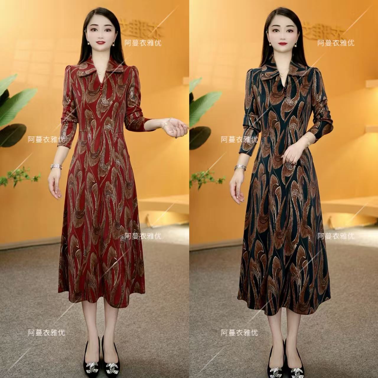 【衣雅严选】8182-1307#新款长袖翻领珠光幻彩琉璃丝气质款连衣裙