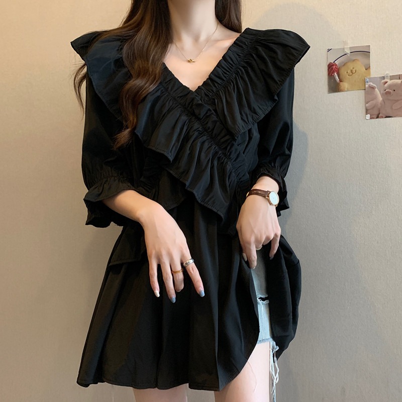 大码女装夏季设计感法式荷叶边短袖衬衫胖mm遮肚显瘦藏肉v领上衣