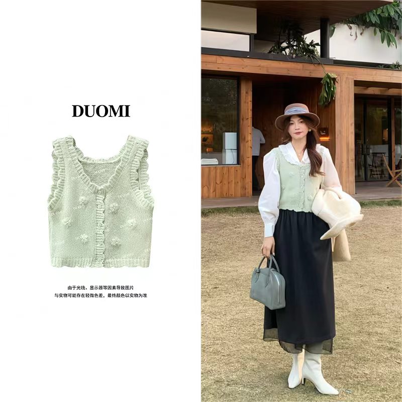 【DUOMI】秋冬新款女装百搭时尚设计拼花毛衣花朵背心无袖开衫D8097