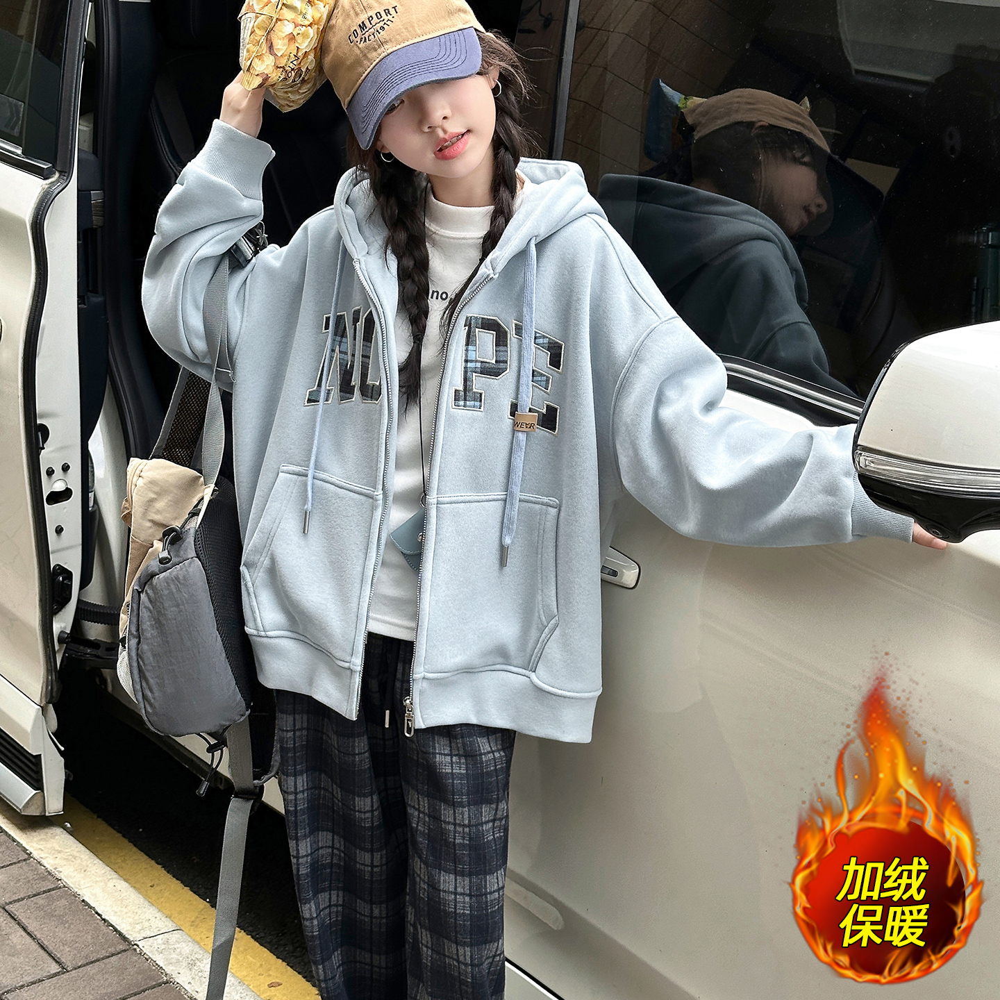 女童加绒卫衣外套秋冬2025新款大童女孩洋气上衣儿童冬装连帽衣服