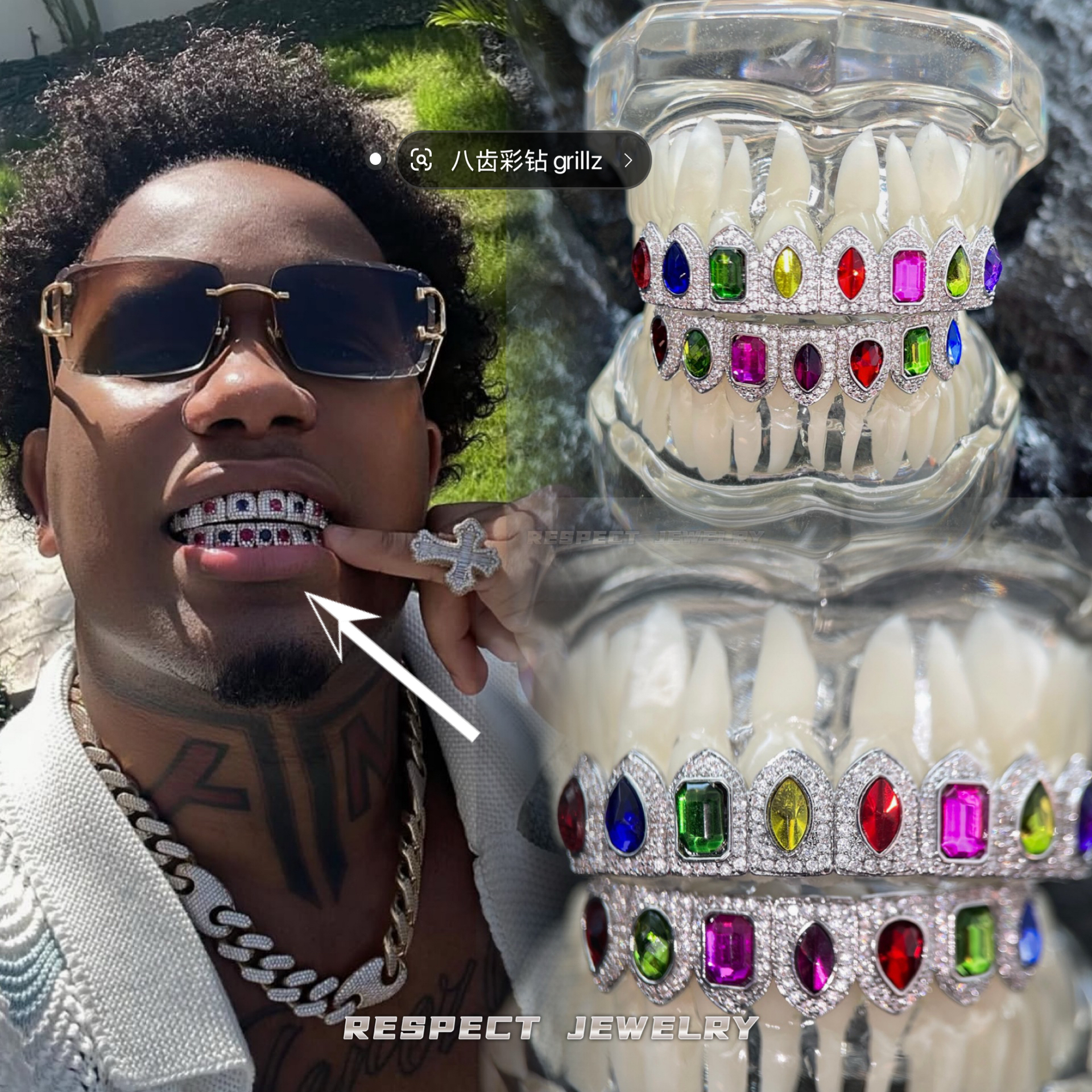 铜合金锆石吊坠 RESPECT通用款美式嘻哈钻牙套grillz彩钻牙饰个性