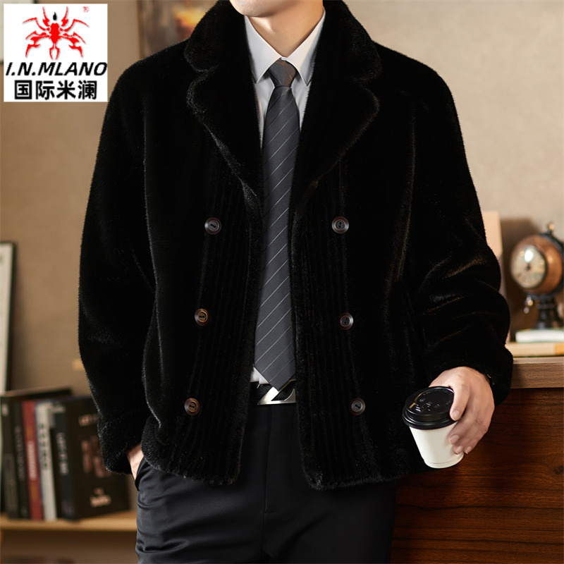 皮毛一体高档男士休闲冬季加绒加厚皮衣貂绒大衣短款男装西装外套