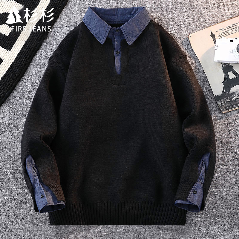 FIRS JEANS杉杉秋冬季男士假两件毛衣潮流宽松衬衫领男针织衫男款