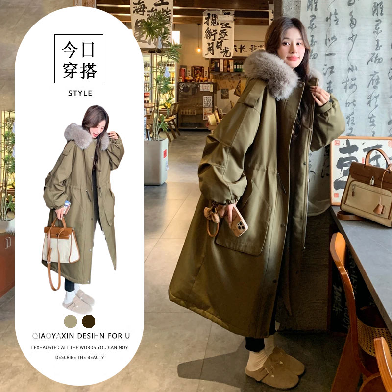 大毛领派克服女2025新款冬季韩版中长款棉衣棉服加绒加厚工装外套