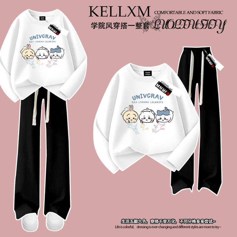 秋季新款吉伊卡哇印花女童100%纯棉长袖t恤长裤套装中大童百搭ins