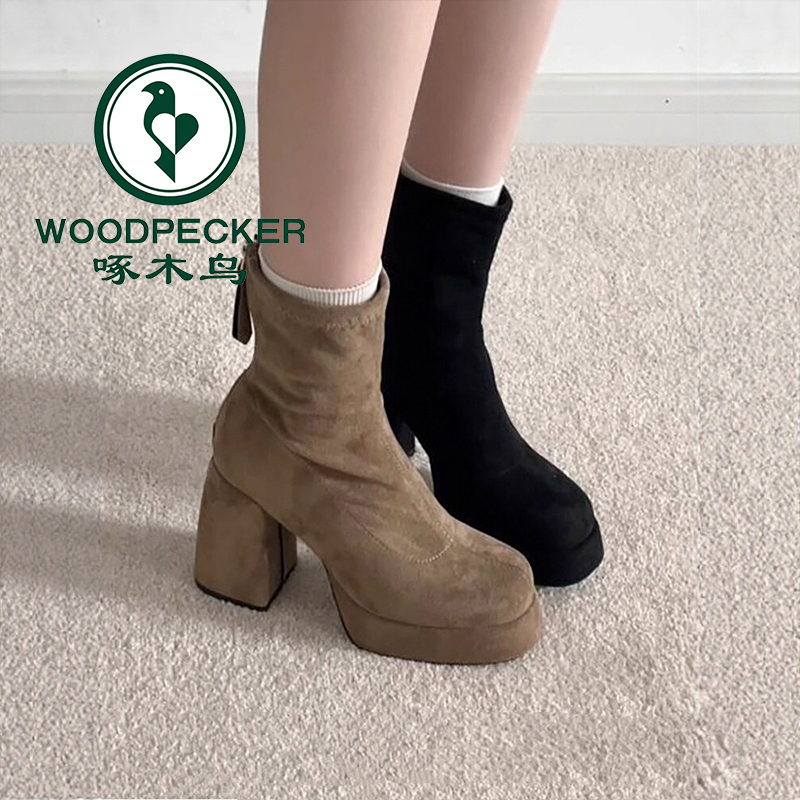 啄木鸟厚底粗跟高跟马丁靴女2025冬季新款加绒保暖复古后拉链短靴