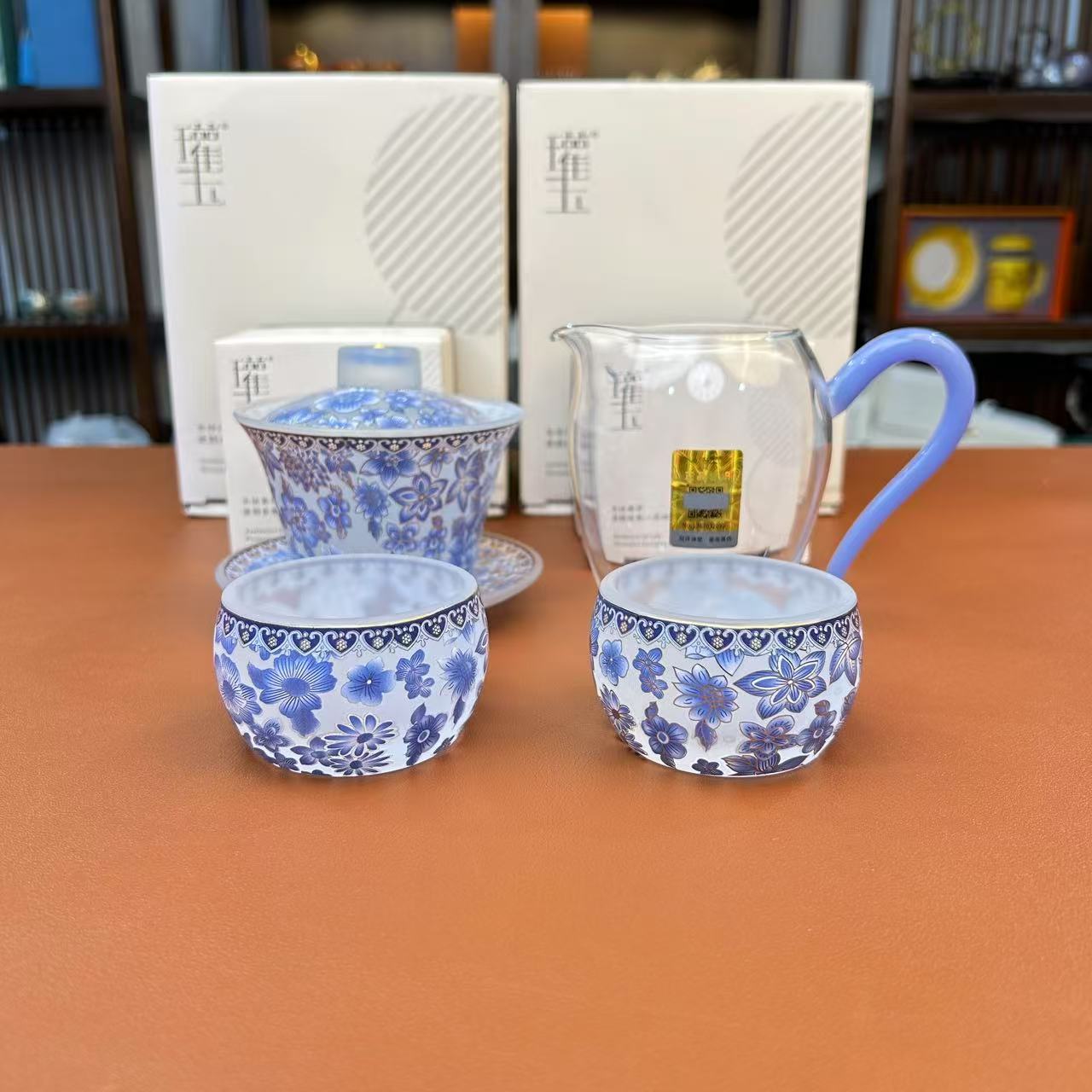 ZH3820-悬停盖碗+瓘玉琉璃品杯*2+凤尾公杯（山茶花蓝）