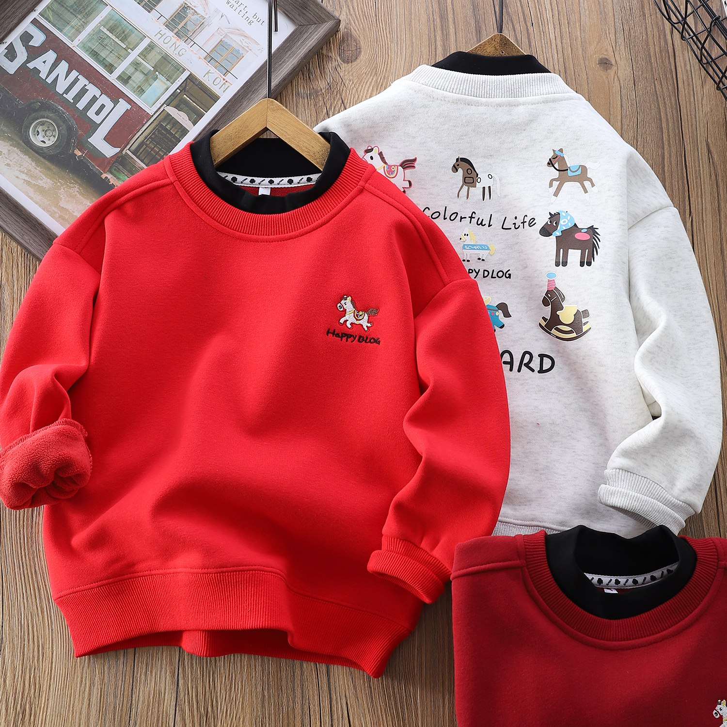 男童女童冬季加绒假两件卫衣新年中大童上衣儿童拜年服洋气