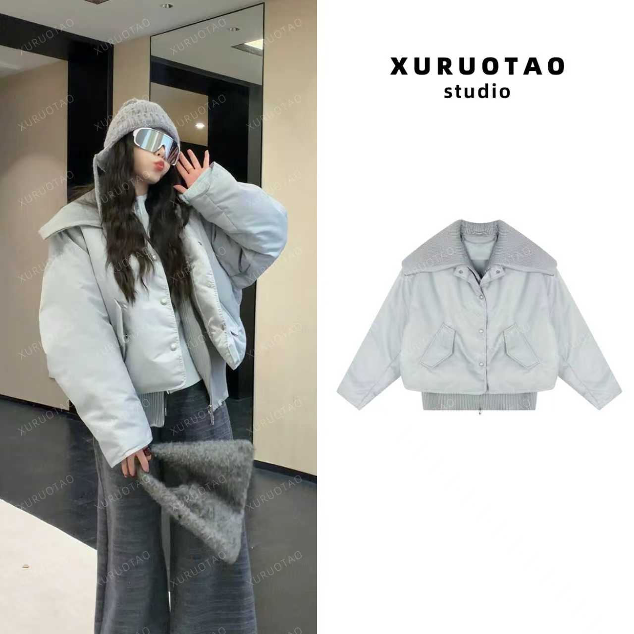 XURUOTAO【雪国列车】针织拼接假两件夹棉设计蓝色棉服外套 T5858