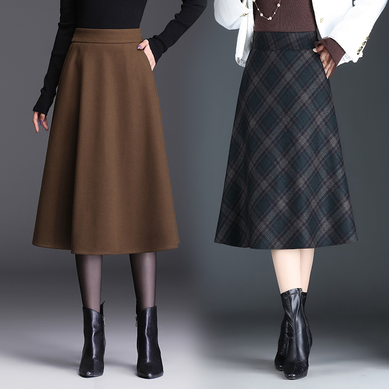 【毛呢料】新款格子半身裙中长款高腰a字小摆裙大码半裙显瘦百搭裙