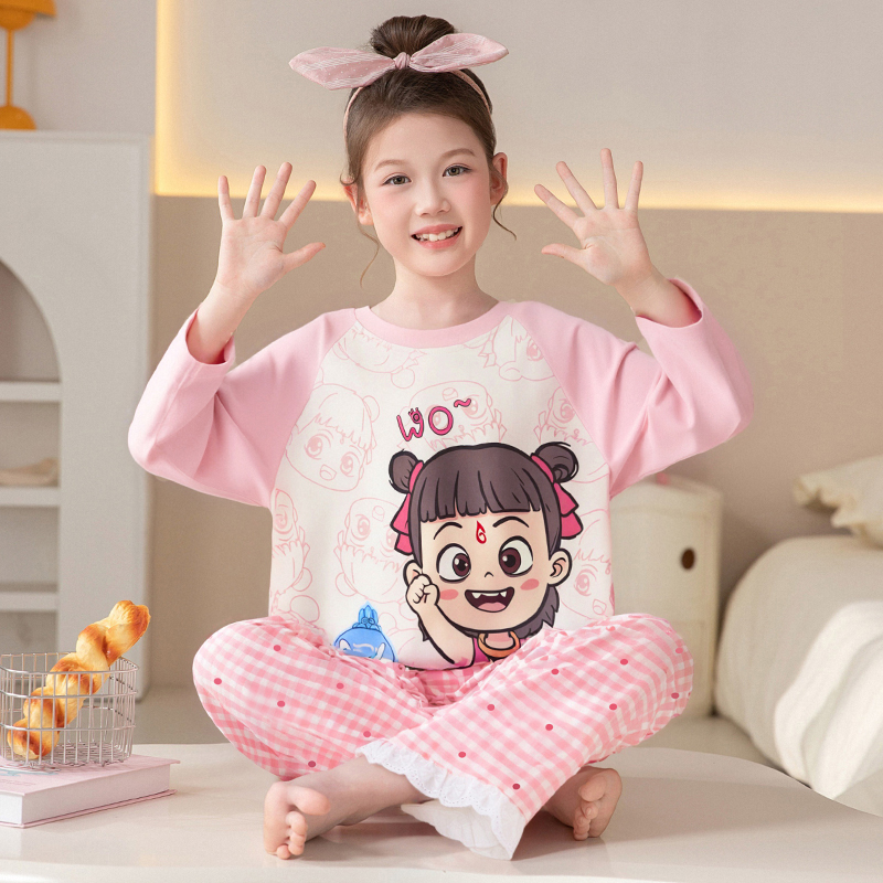 女童洋气打底薄款家居服2025春秋季女童纯棉长袖儿童新款睡衣套装