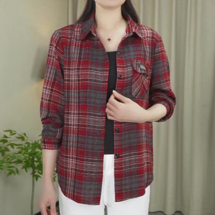 夏季女士宽松显瘦遮肉百搭格子防晒衬衫中长款气质上衣薄款