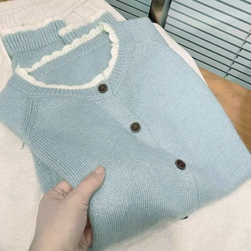 【1.1万人收藏】拼色花边领毛衣开衫宽松长袖针织衫显瘦上衣春季