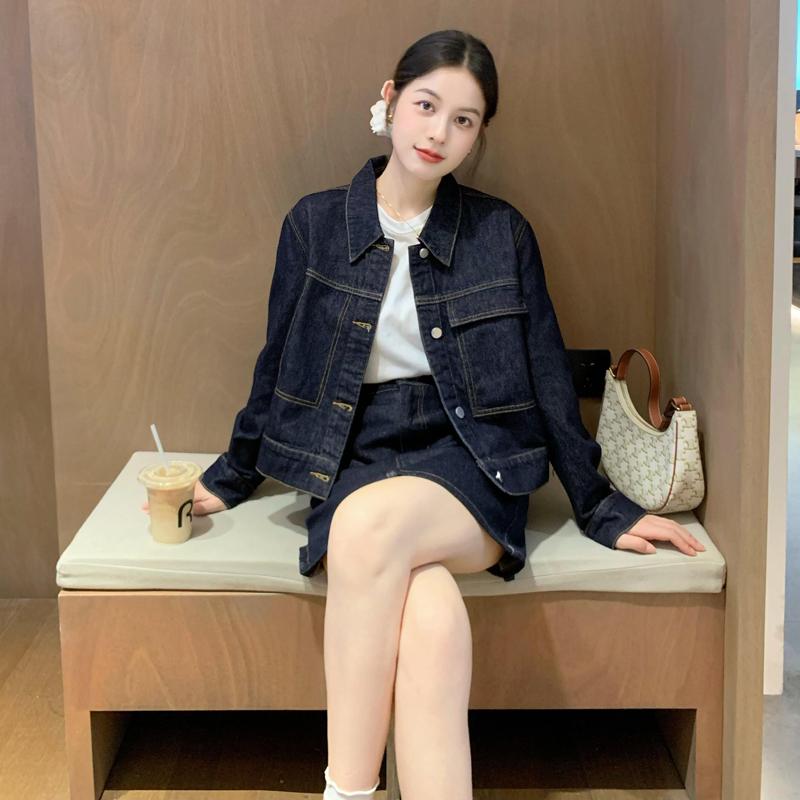 美式复古牛仔外套女时尚休闲通勤翻领深蓝色短外套A字短裙两件套