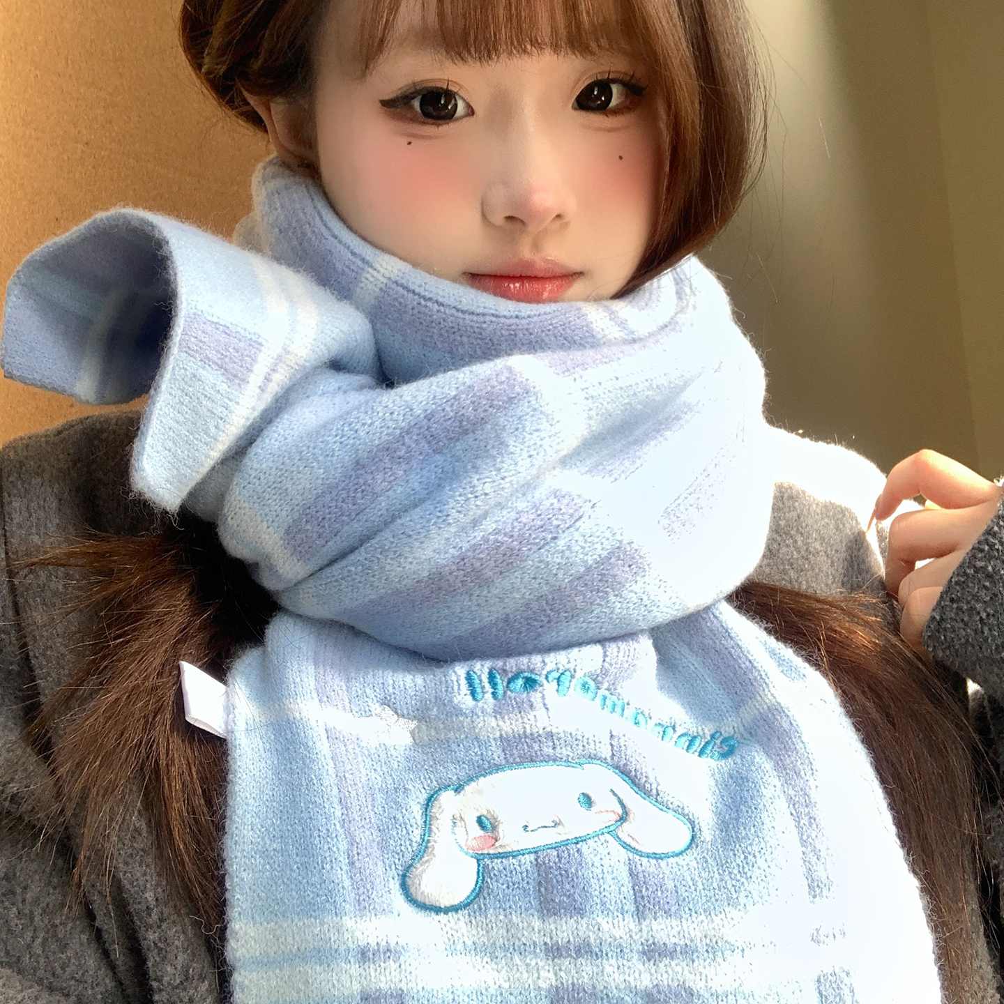 三丽鸥正版玉桂狗蓝色针织围巾女秋冬季学生加厚保暖防寒护颈围脖