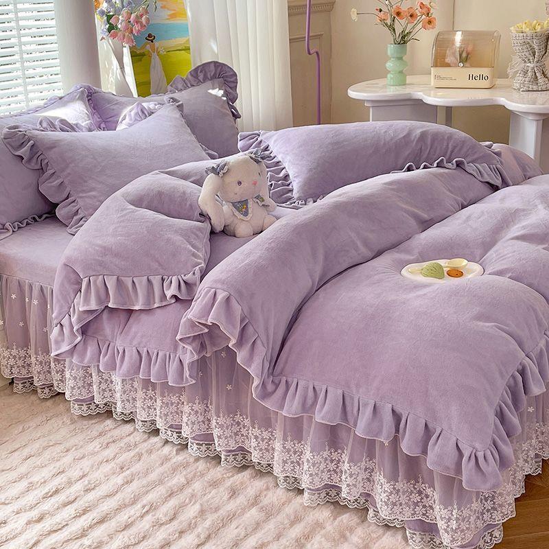 公主风加厚双面绒牛奶绒床裙款四件套被套三件套珊瑚绒床上用品冬