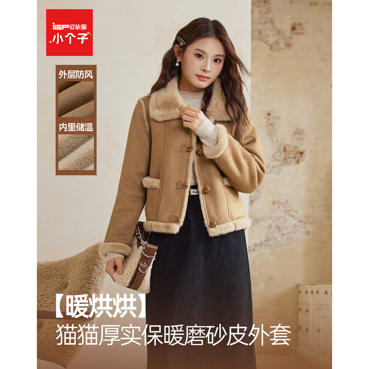 IEF/爱依服【小个子】2025冬季新款法式气质感厚实保暖磨砂皮外套