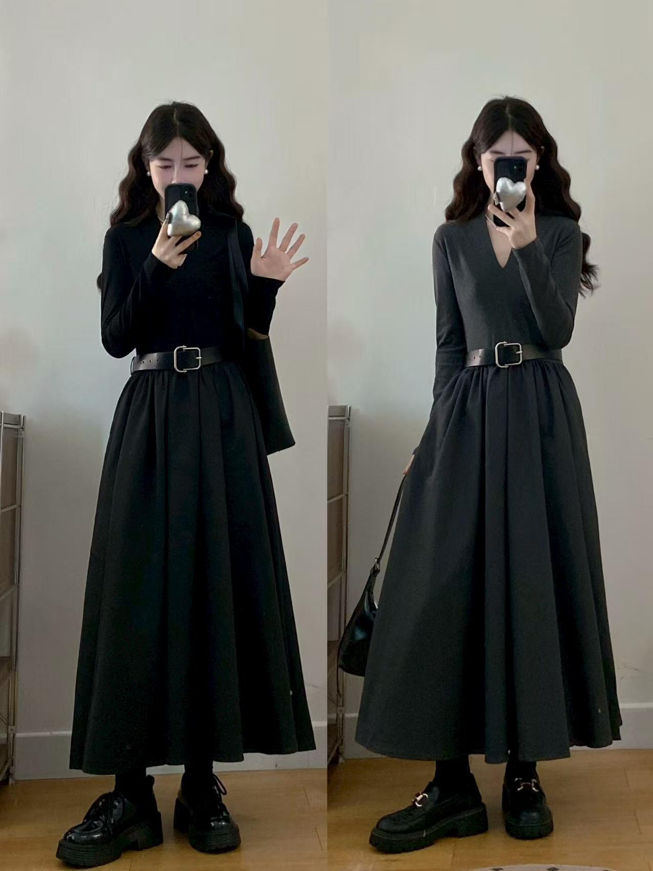 大码韩版chic高级感简约V领拼接时尚气质百搭连衣裙配腰带