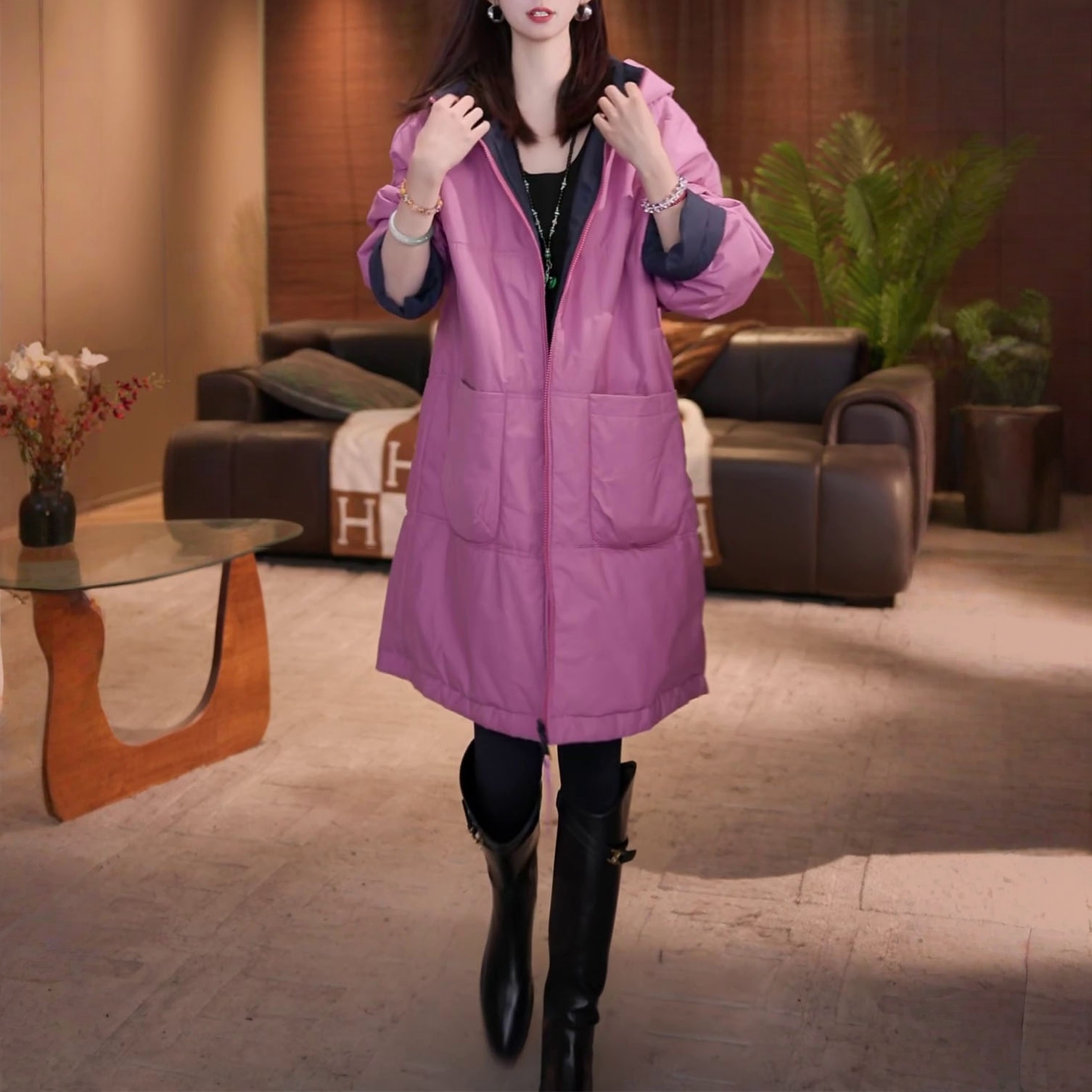 时尚宽松显瘦加厚保暖棉衣女2025秋冬新款气质双面穿连帽棉服外套