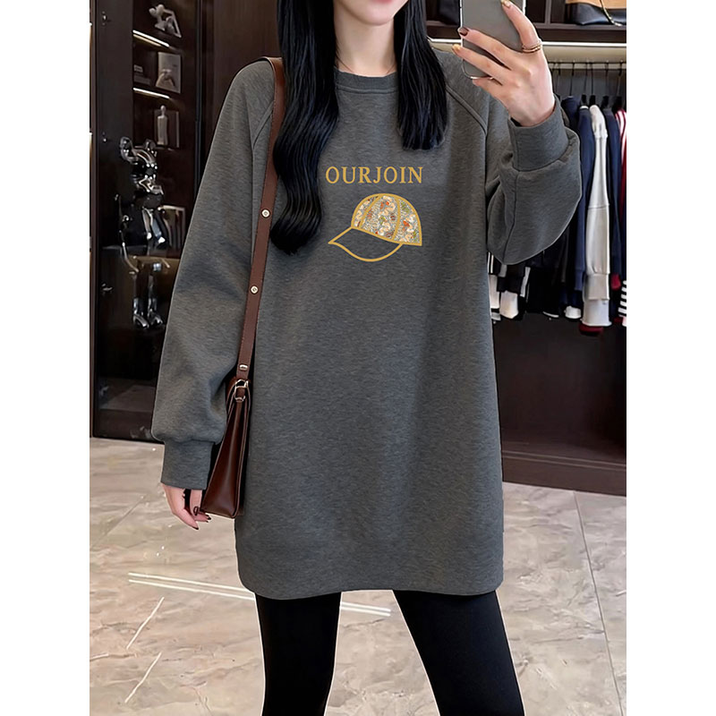 韩式休闲风创意印花宽松显瘦双面德绒保暖中长款遮臀长袖上衣