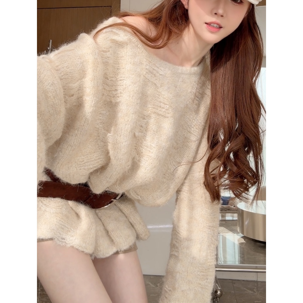 立体编织松弛宽松休闲圆领秋季新款毛衣慵懒ins针织女