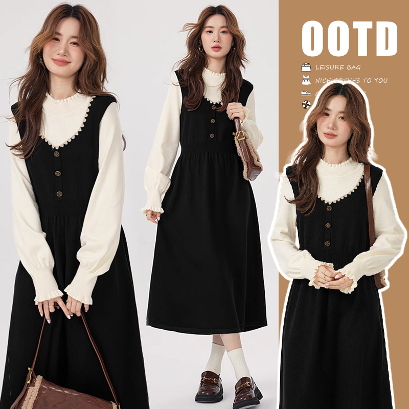 2025秋冬撞色假两件小香风连衣裙秋冬连衣裙孕妇装打底裙