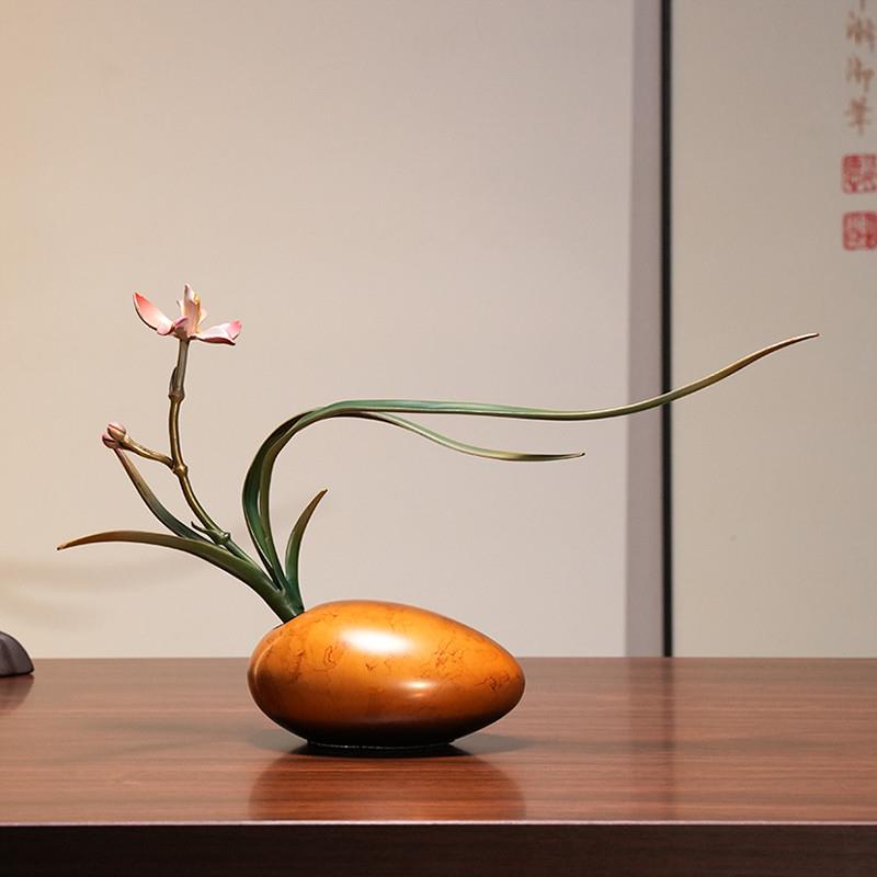 宋代美学禅意新中式兰花铜摆件办公室书房茶室茶桌玄关客厅装饰品