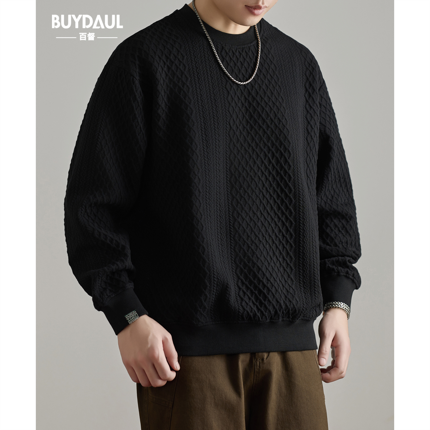 320g重磅肌理感提花圆领卫衣男士秋季新款长袖外套宽松休闲上衣服