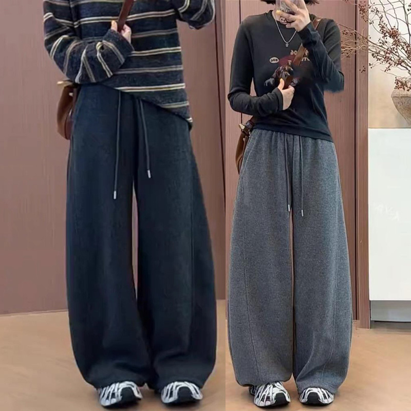 女装直播加厚加绒休闲阔腿裤女秋冬新款小个子高腰显瘦羊呢弯刀裤