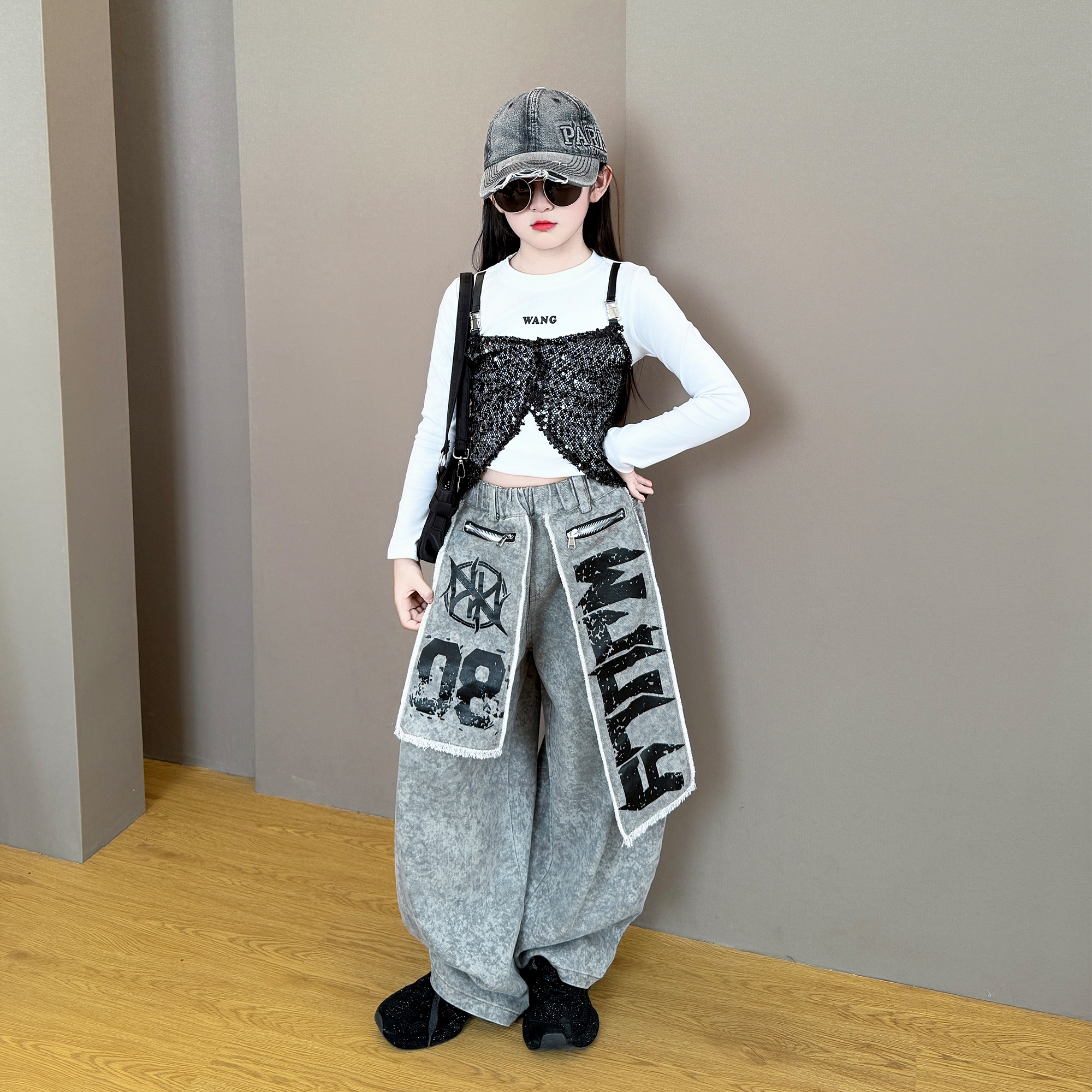 女童2025新款韩版洋气春秋季休闲吊带长袖拉链宽松休闲裤两件套潮