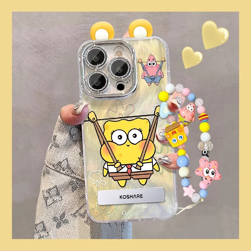 适用苹果15羽纱手机壳iphone14海绵派大星耳朵支架链条13pr手机壳