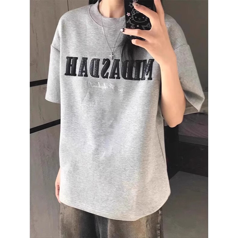 300g重磅灰色字母刺绣短袖男款夏季美式高街正肩t恤潮牌情侣半袖