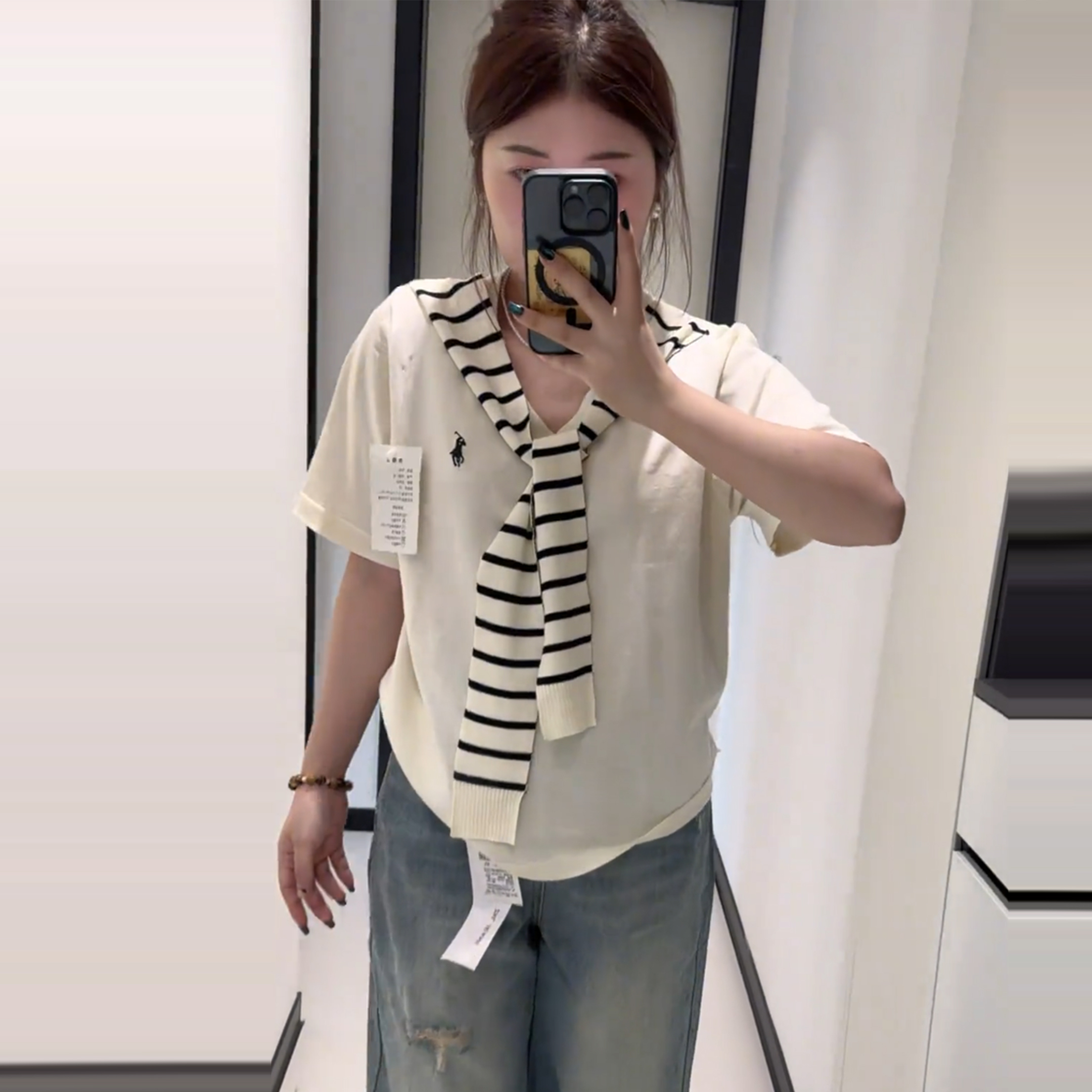 【大码】821-11韩系学院披肩条纹针织夏季新款宽松针织短袖上衣女