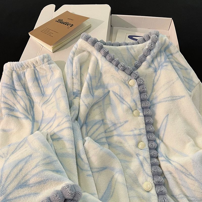 芬腾家居【正品清仓】韩系ins睡衣女新款冬季珊瑚绒加厚保暖蓝色