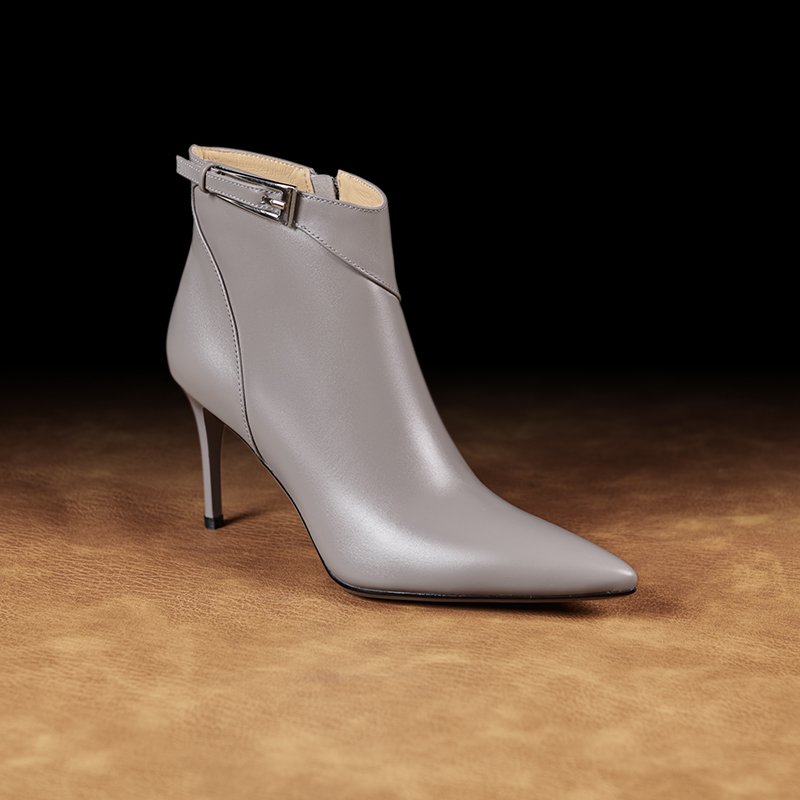 迈露迪7CM细跟冬季后拉链尖头高跟法式短靴白色时尚气质瘦瘦靴851