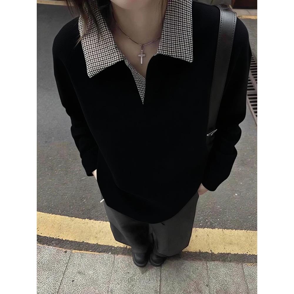 cleanfit千鸟格拼接黑色长袖t恤男女早秋美式重磅情侣polo衫卫衣