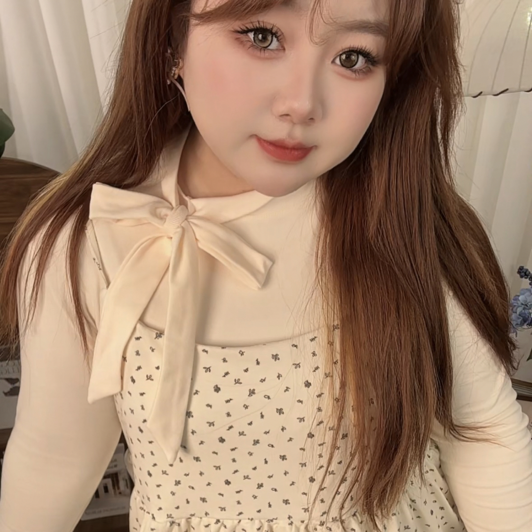 磨毛大码蝴蝶结系带加厚长袖波点T恤女秋冬叠穿吊带马甲绝美上衣