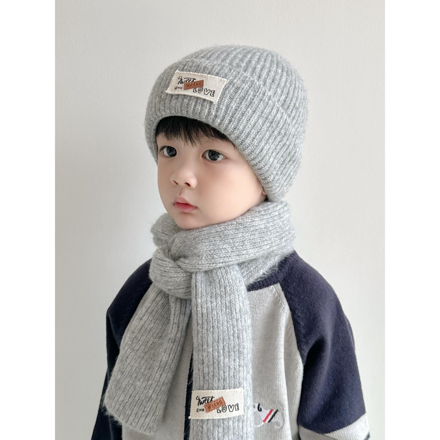 儿童帽子冬季男童毛线帽围巾两件套冬天厚款防风护耳宝宝围脖套装