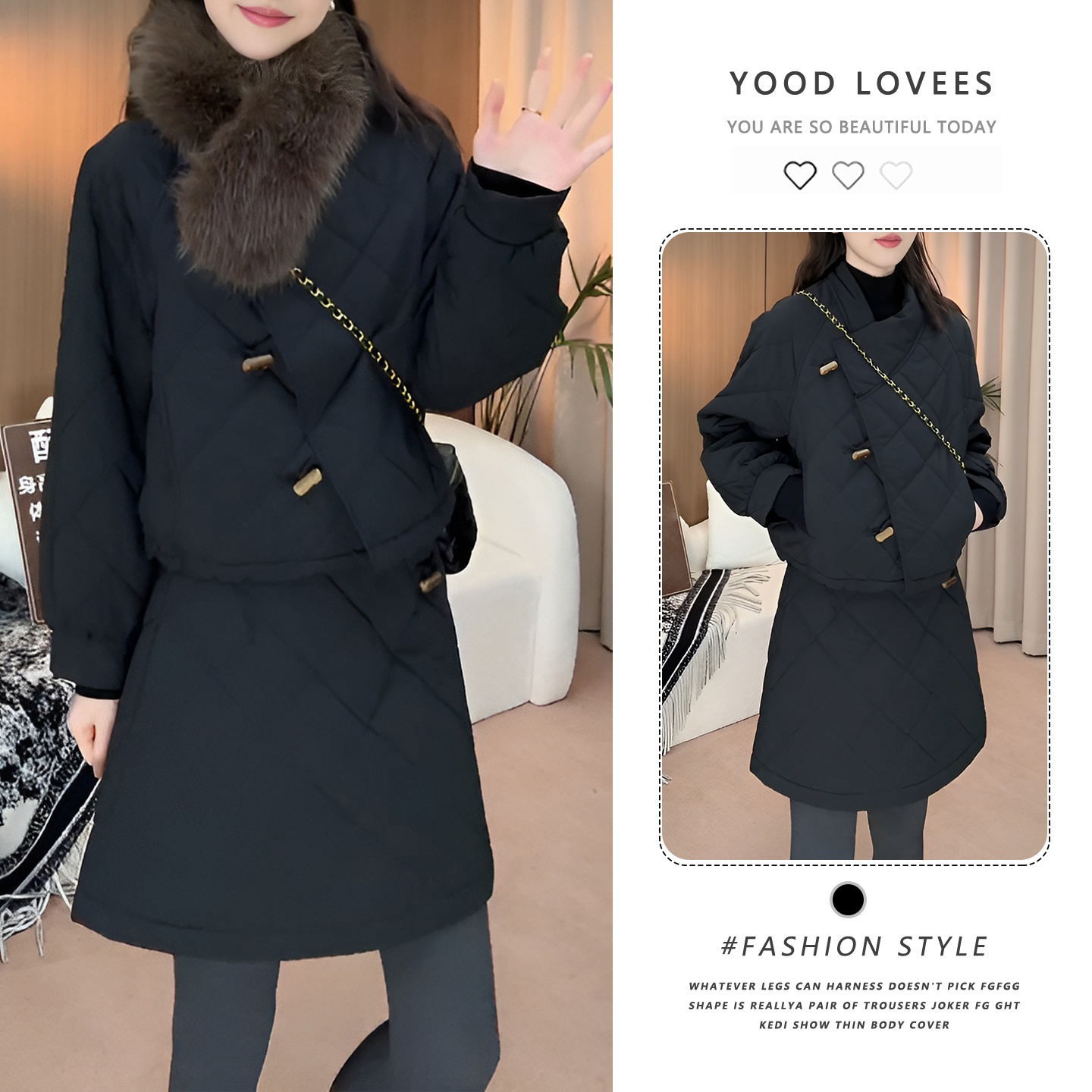 极简风气质夹棉保暖外套上衣半裙女装2025秋冬新款黑色休闲两件套