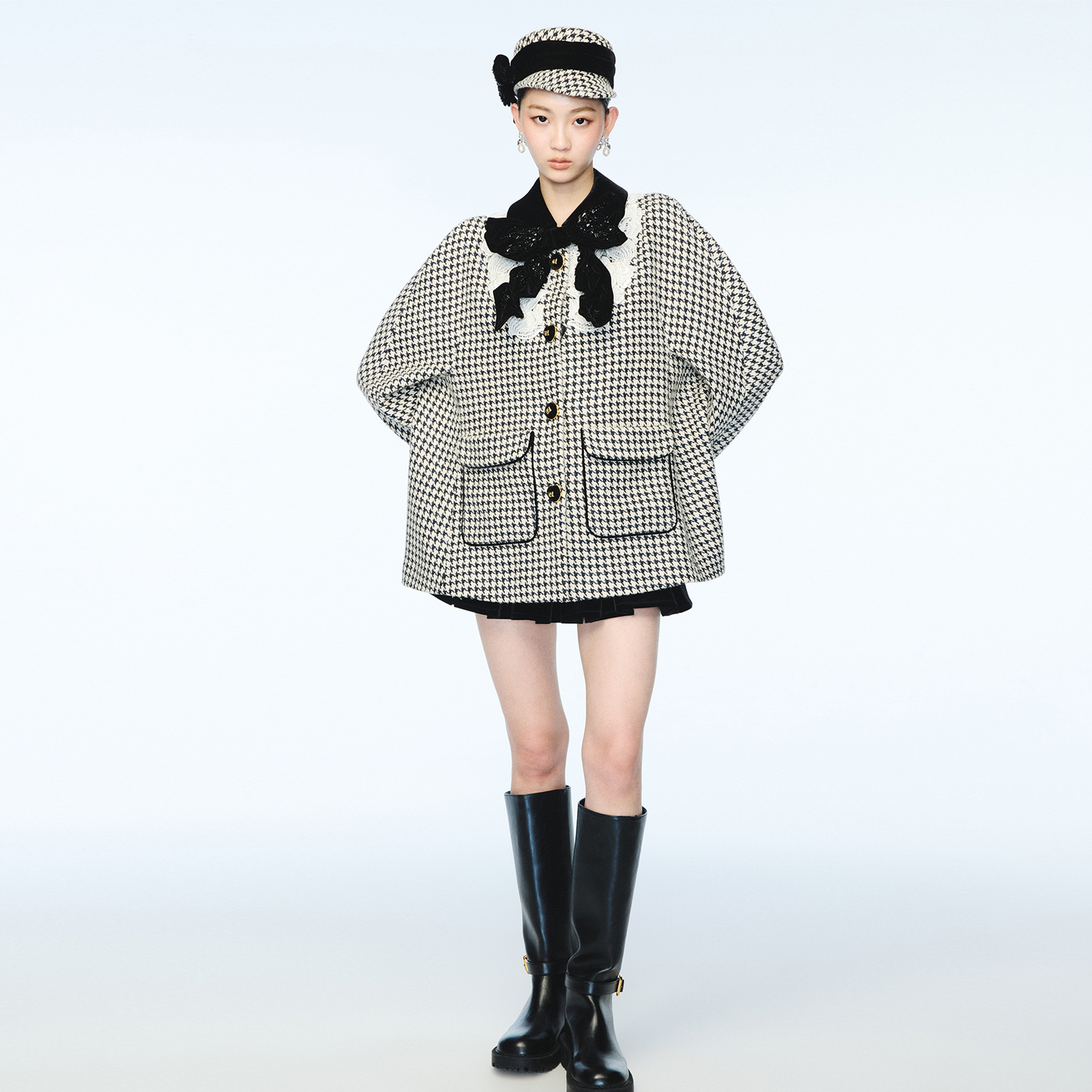 【baby同款】lefame拉飞姆2025秋季新款复古千鸟格毛呢斗篷外套女
