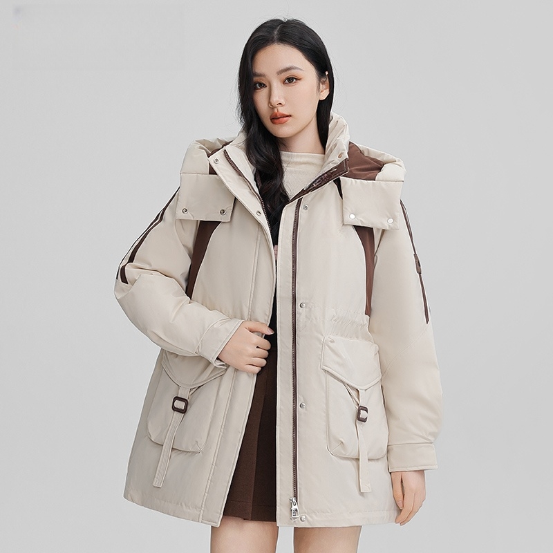 冲锋衣加棉新款减龄设计感撞色工装中长款宽松显瘦连帽外套棉衣女