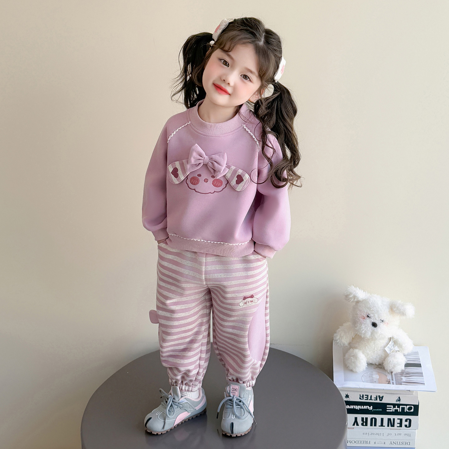 女童秋款套装洋气儿童甜美可爱蝴蝶结卫衣小女孩春秋条纹裤两件套