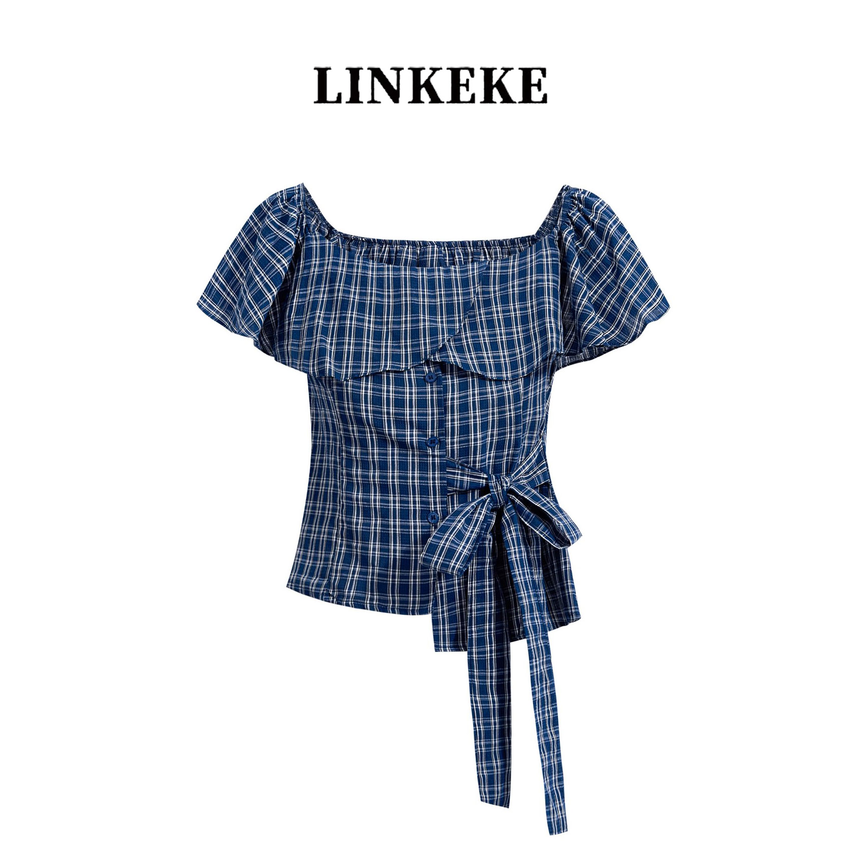 法式纯欲甜辣一字肩绑带衬衫女2025夏季荷叶边蓝色格子无袖小上衣